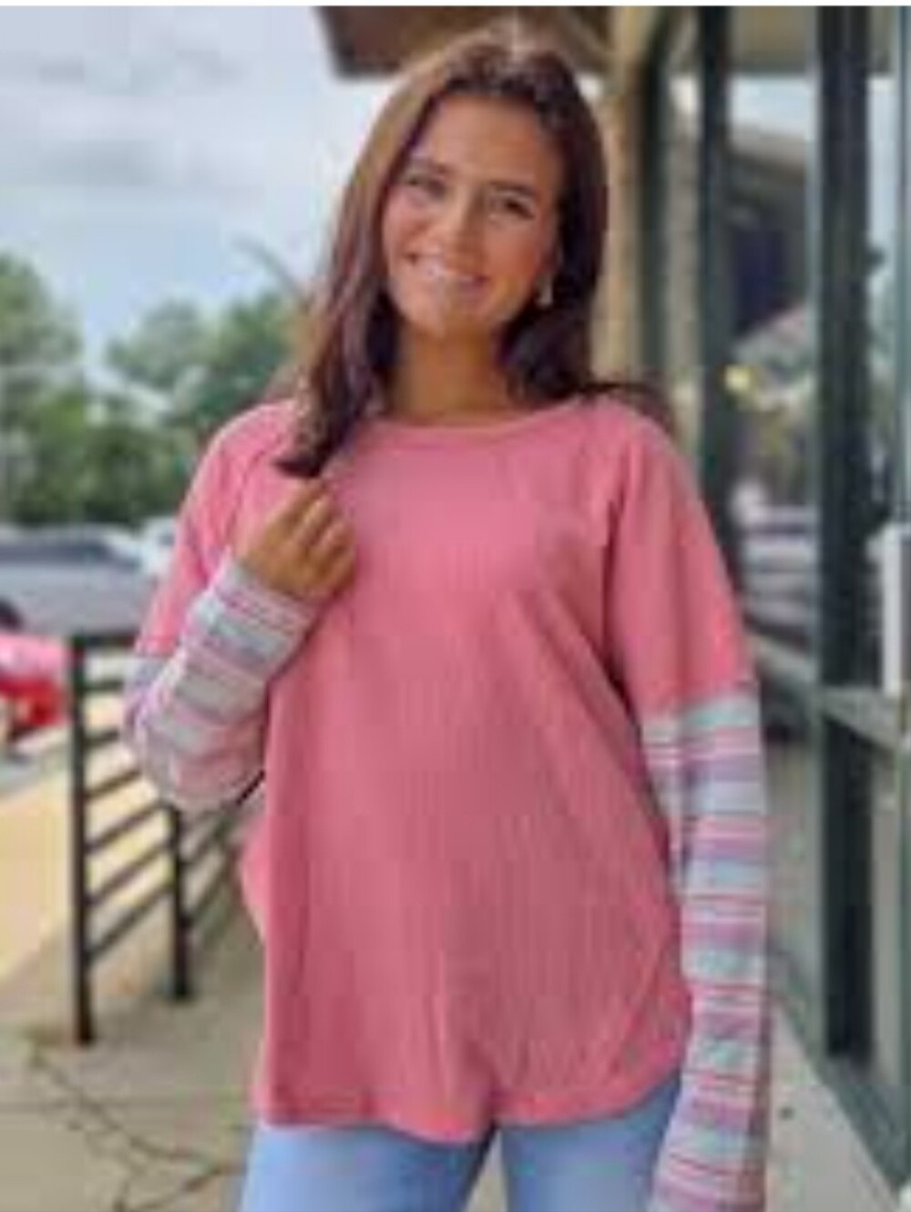 New in Pink Striped-Sleeve Women's Long Sleeve Top